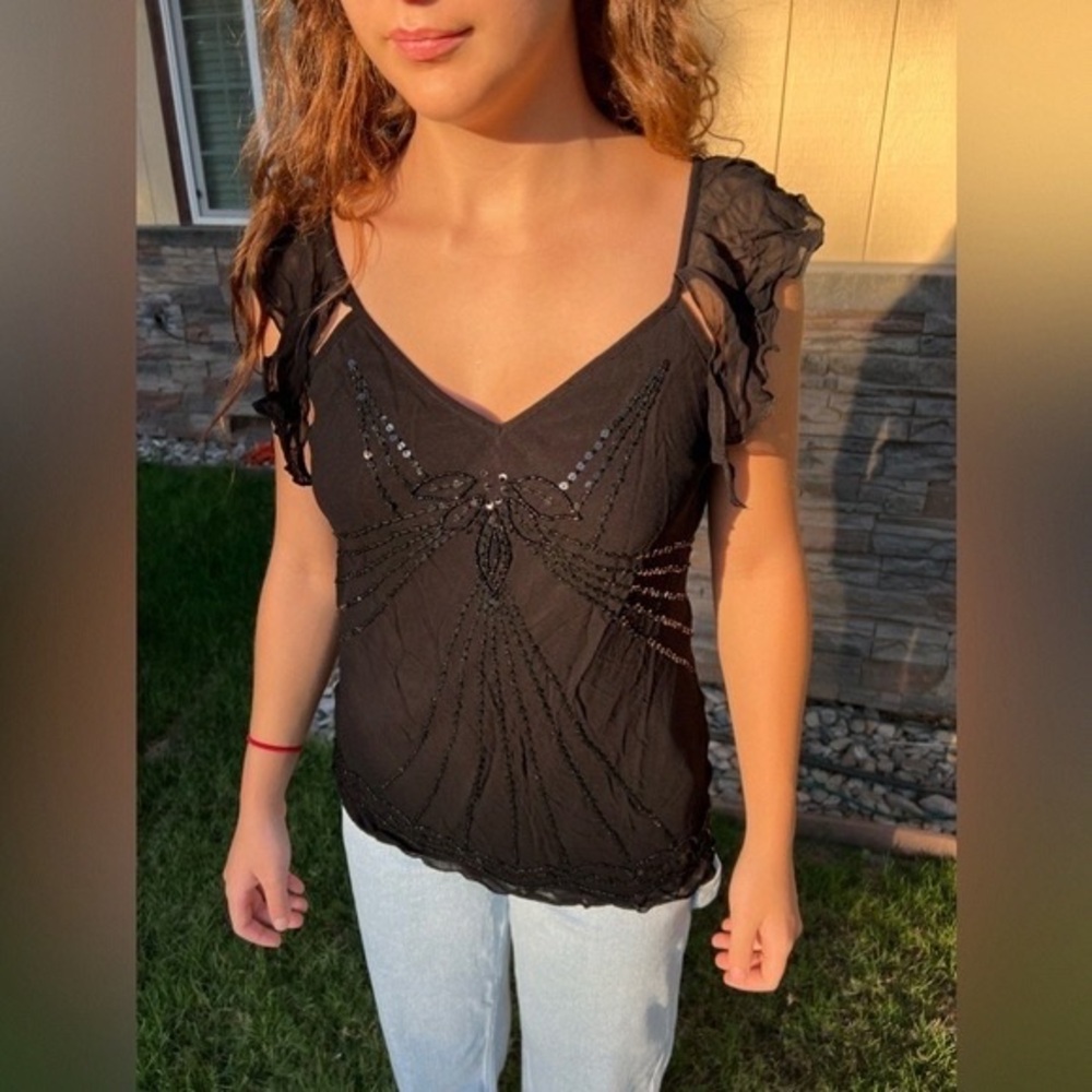 Guess Black Beaded Ruffle Blouse